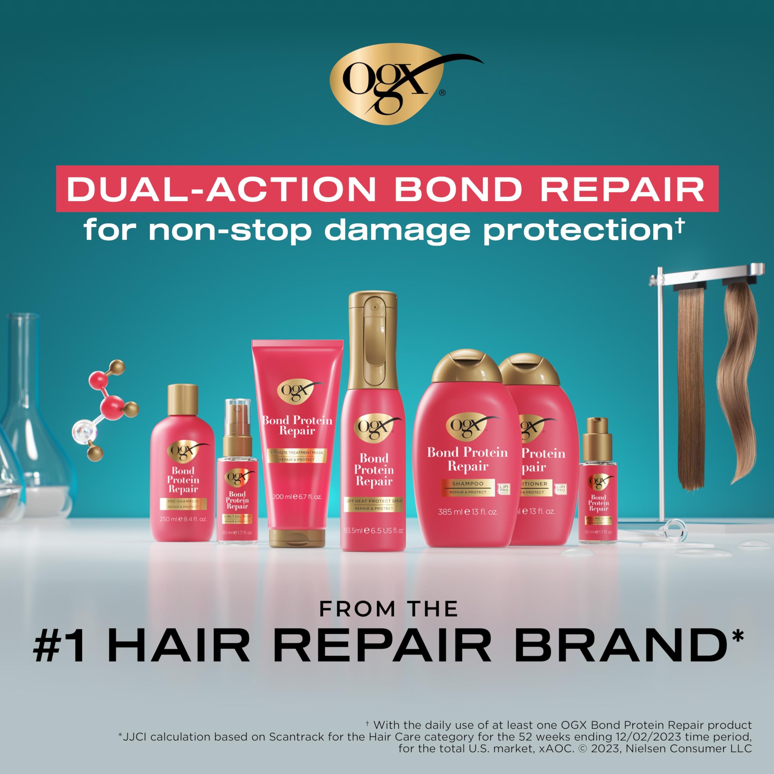 OGX Repair & Protect Bond Protein Shampoo, Lightweight Hair Wash Cleanses & Targets Damaged Areas for Effective Bond Repair, Sulfate-Free Surfactants, 13 fl. oz